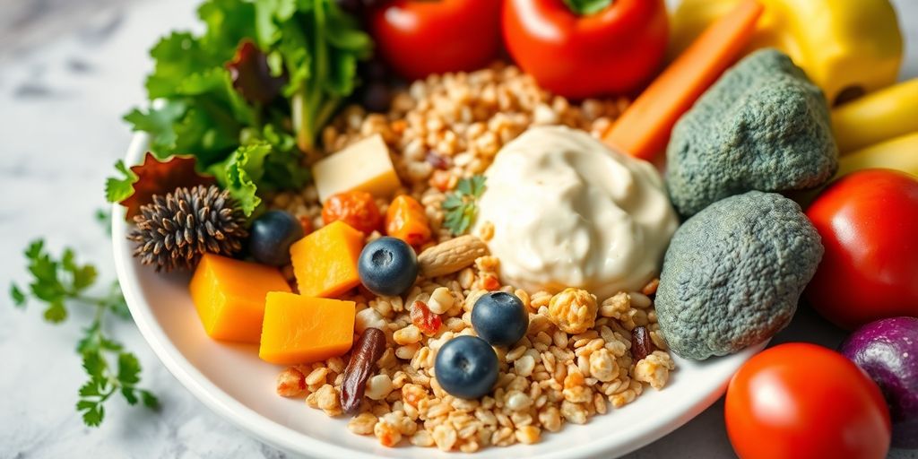 Colorful vegetables and fruits on a vibrant plate.