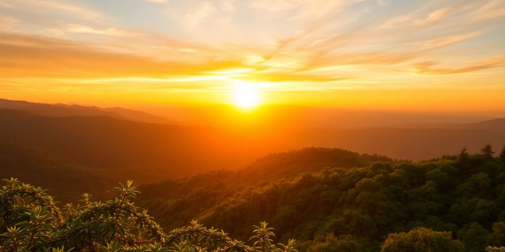 A vibrant sunrise over mountains and lush greenery.