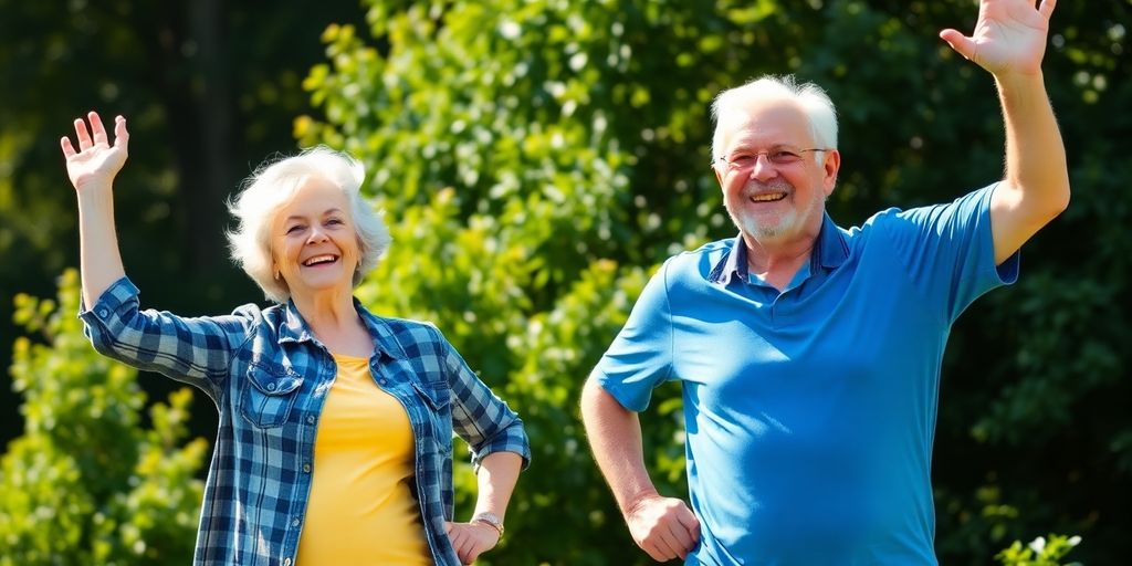 Elderly couple enjoying nature together, radiating happiness and vitality.