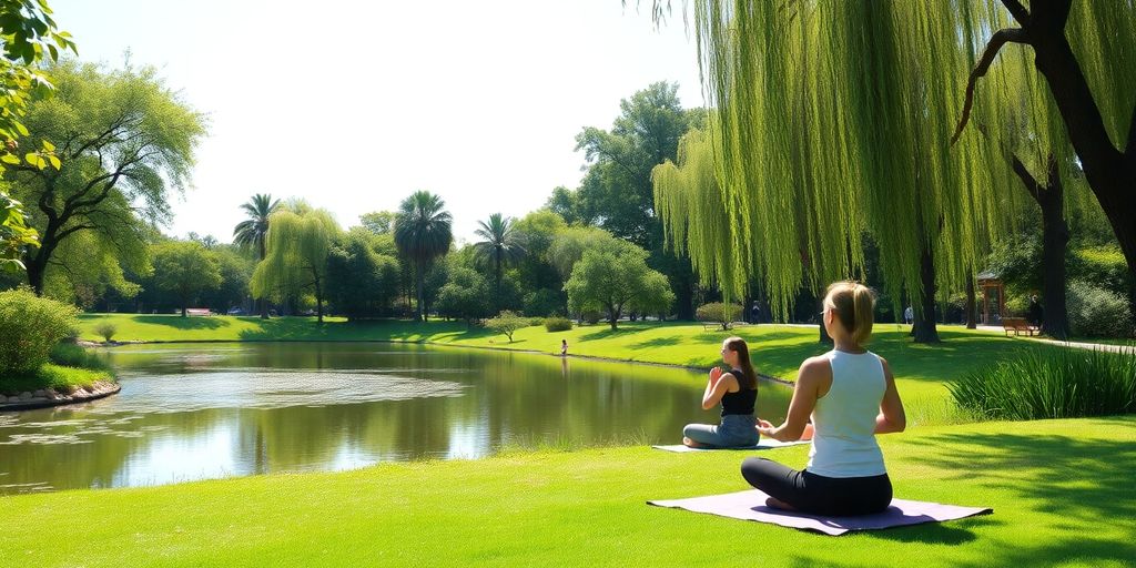 Tranquil park scene with people practicing yoga and meditation.