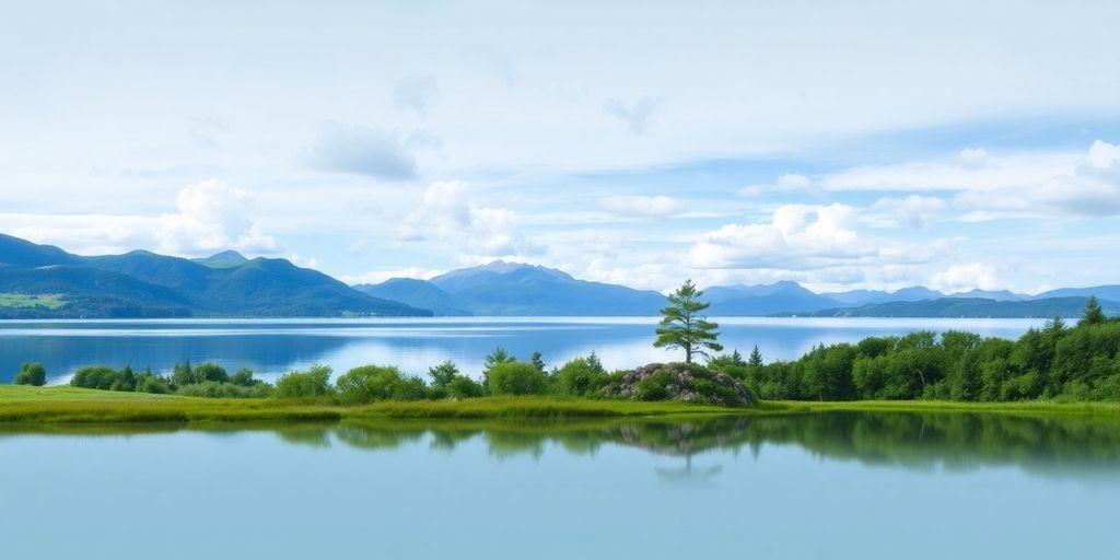 Tranquil landscape with lake and lush greenery.