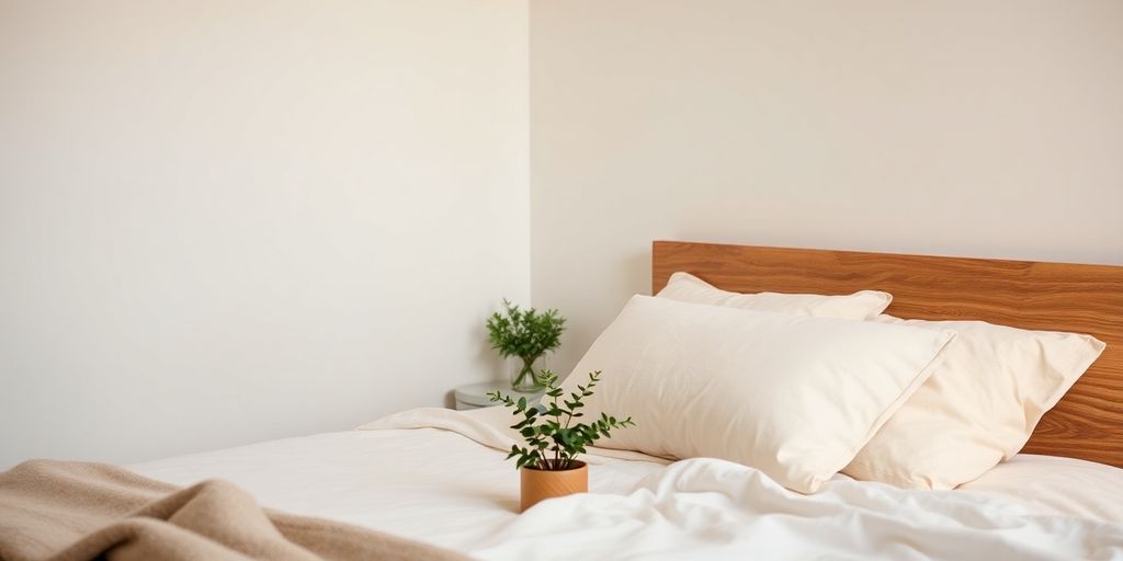 Cozy bedroom with soft lighting and fluffy pillows.