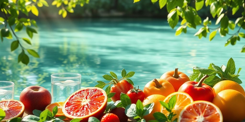 Fresh fruits and vegetables with sunlight and greenery.