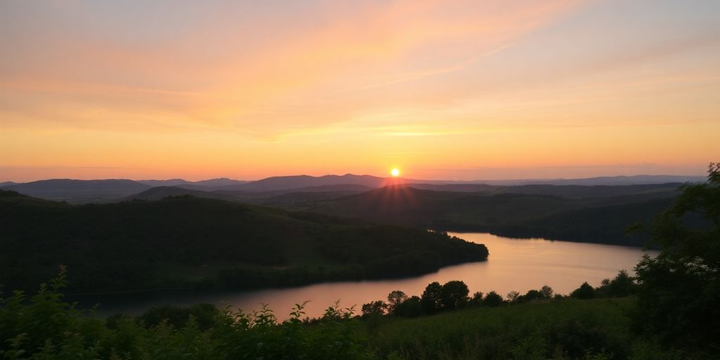 Calming sunset over hills and tranquil lake.