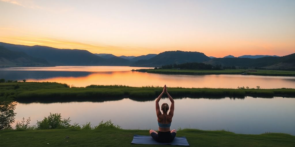 Person doing yoga by a calm lake during sunset.