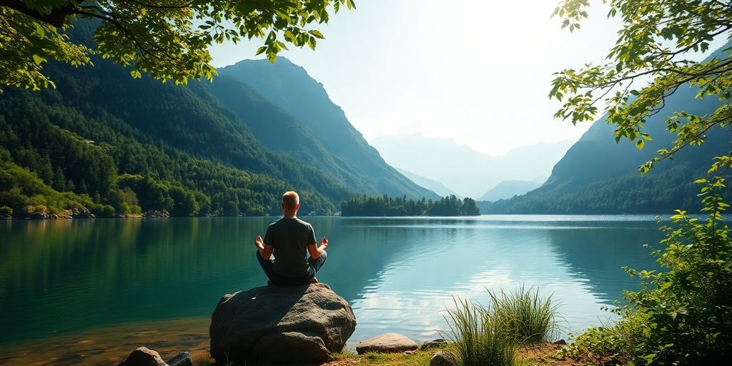 Person meditating by a calm lake in nature.