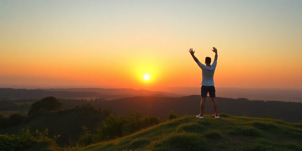 Person stretching at sunrise on a hilltop.