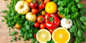 Colorful fruits and herbs for natural digestive health remedies.