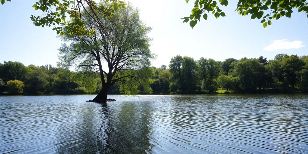 Serene nature scene with lake and green trees.