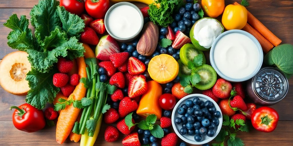 Colorful fruits, vegetables, and probiotics for gut health.