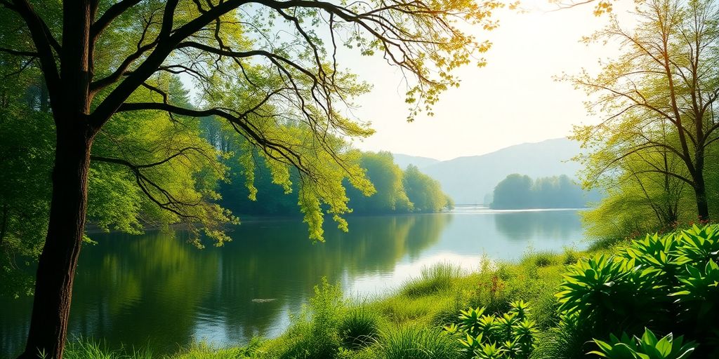 Serene landscape with river, trees, and soft sunlight.