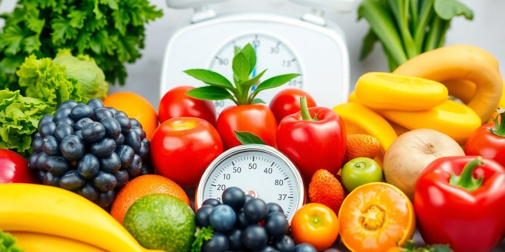 Colorful fruits and vegetables with a balance scale.