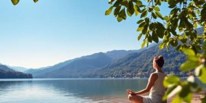 Person meditating by a peaceful lake in nature.