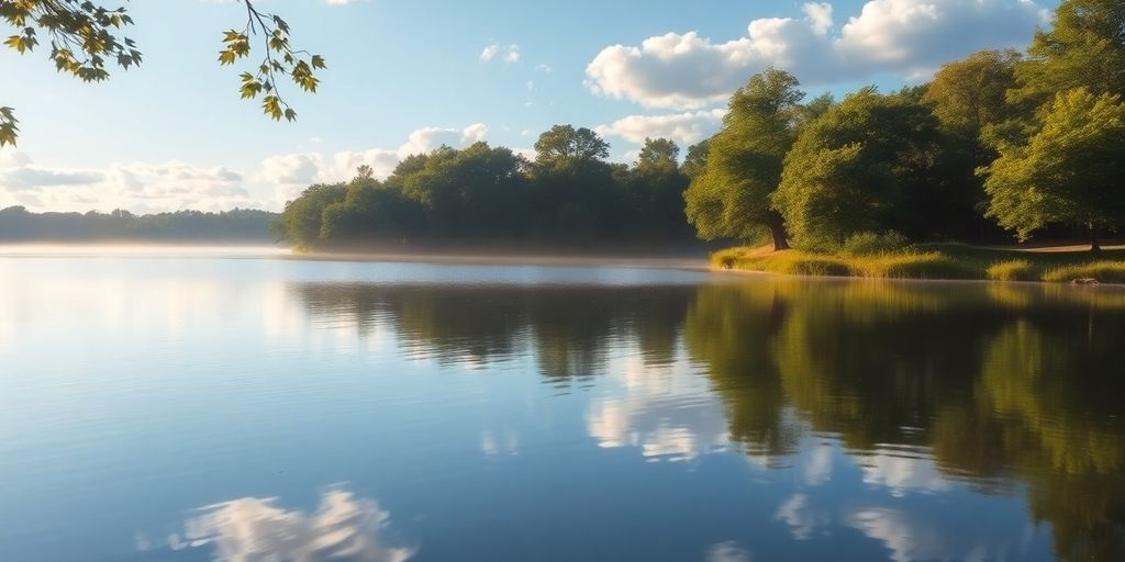 Calm lake in a green landscape under soft sunlight.