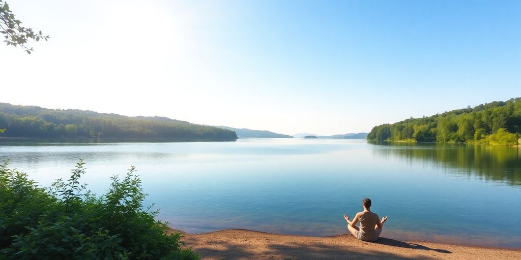 Person meditating by a peaceful lake in nature.