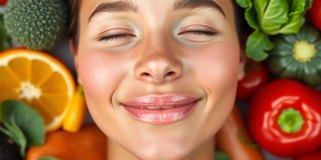 Close-up of glowing skin with fresh fruits and vegetables.