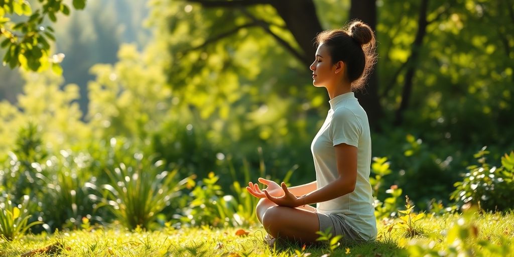 Person meditating in nature for stress relief therapy.