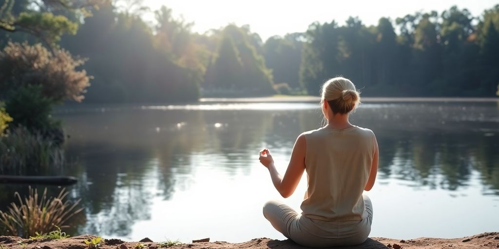 Person meditating by a calm lake in nature.