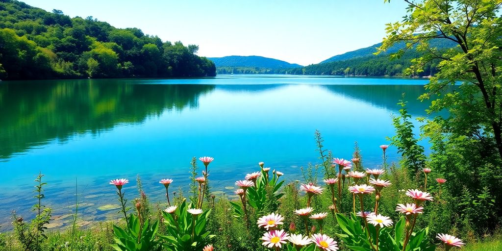 Tranquil lake surrounded by greenery and blooming flowers.