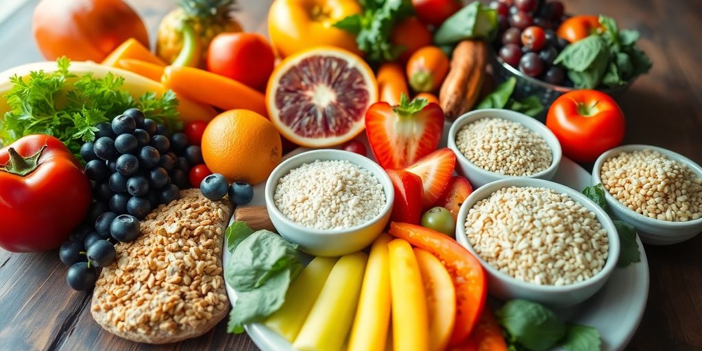 Healthy meal with fruits and vegetables on a wooden table.