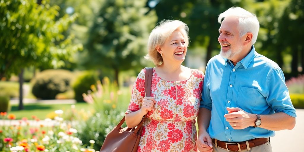 Happy elderly couple in a sunny park setting.