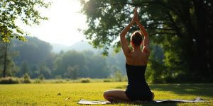 Person doing yoga in a tranquil natural setting.