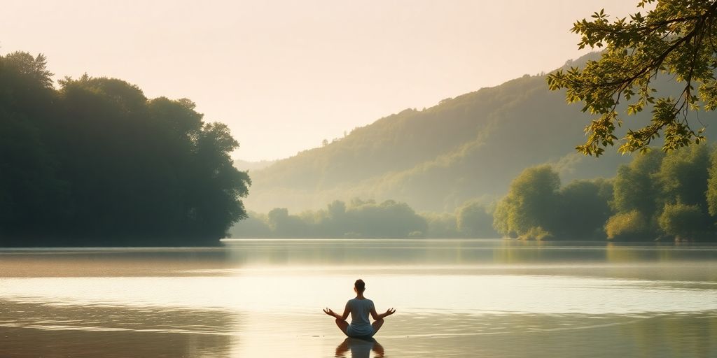 Person meditating by a tranquil lake in nature.