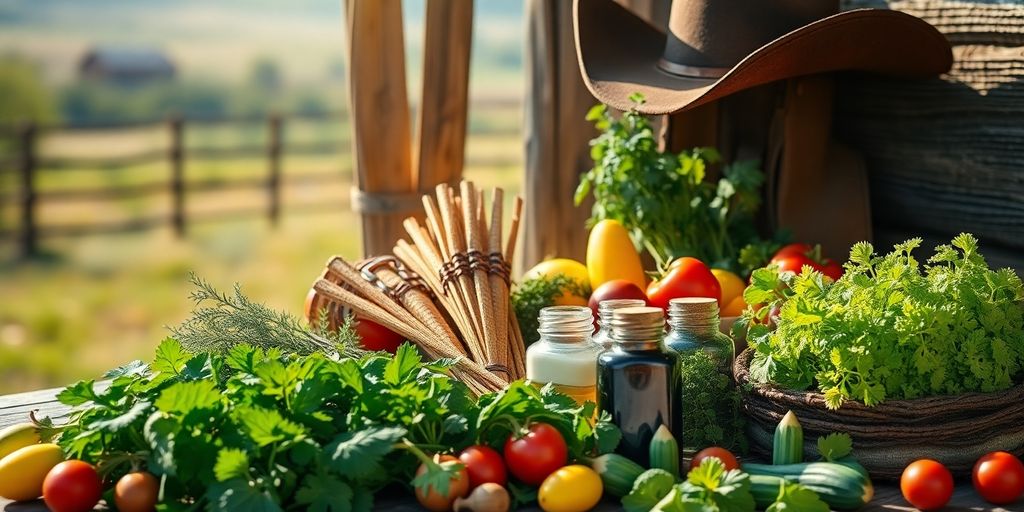 Natural herbs and cowboy gear on a wooden table.