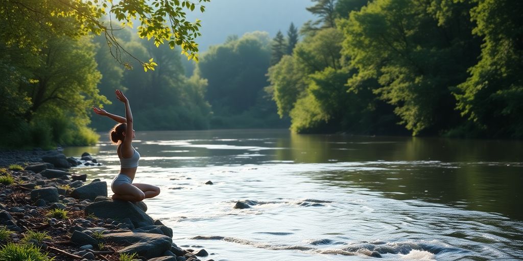 Person practicing yoga by a peaceful riverbank.