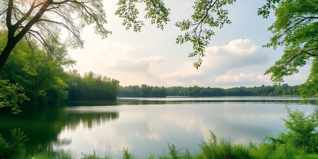 Tranquil lake and greenery for stress management.