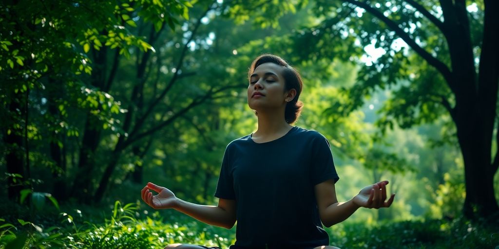 Person meditating in nature surrounded by lush greenery.