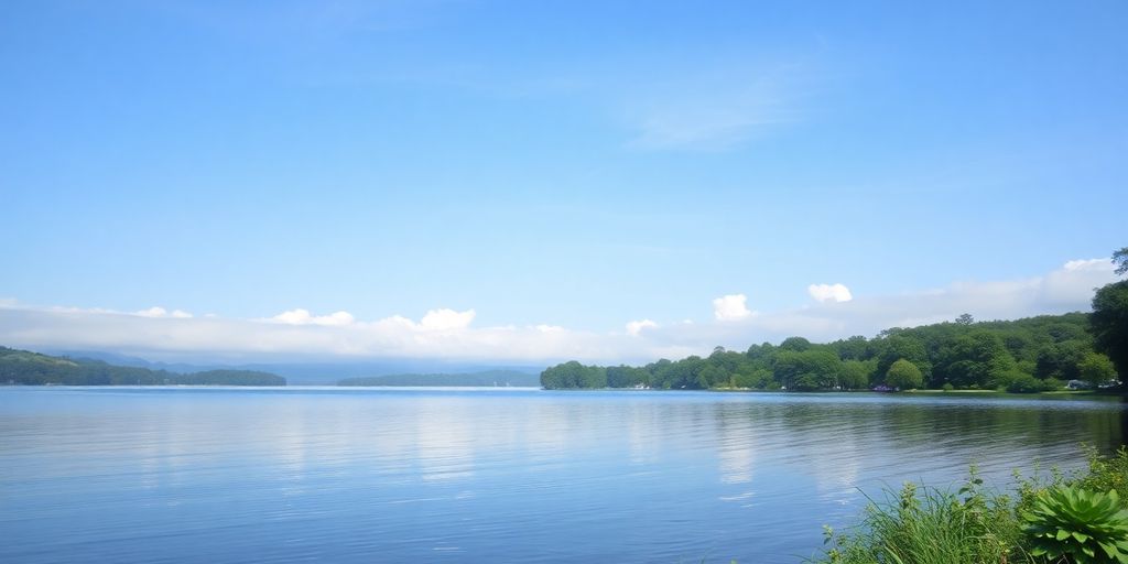 Calm lake surrounded by greenery and soft clouds.