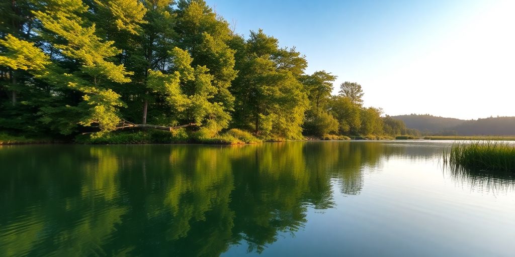 Calm lake surrounded by greenery in soft sunlight.