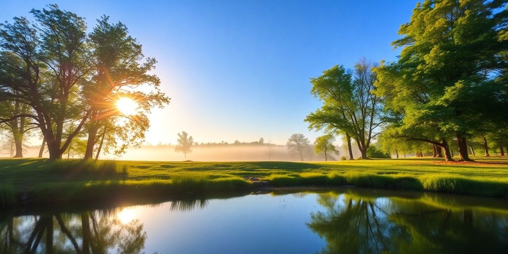 Tranquil landscape with sunlight and calm water.