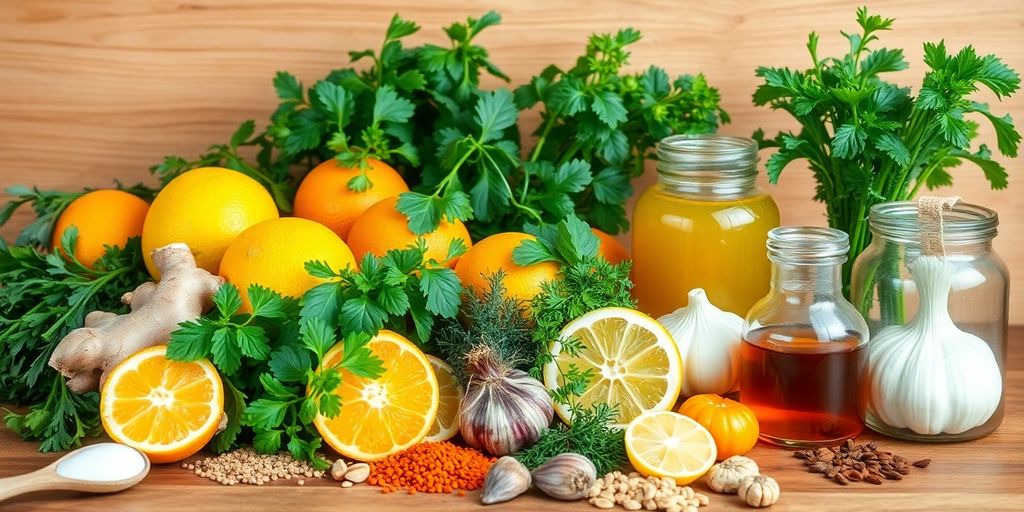 Fresh herbs and citrus fruits for immune boosting remedies.