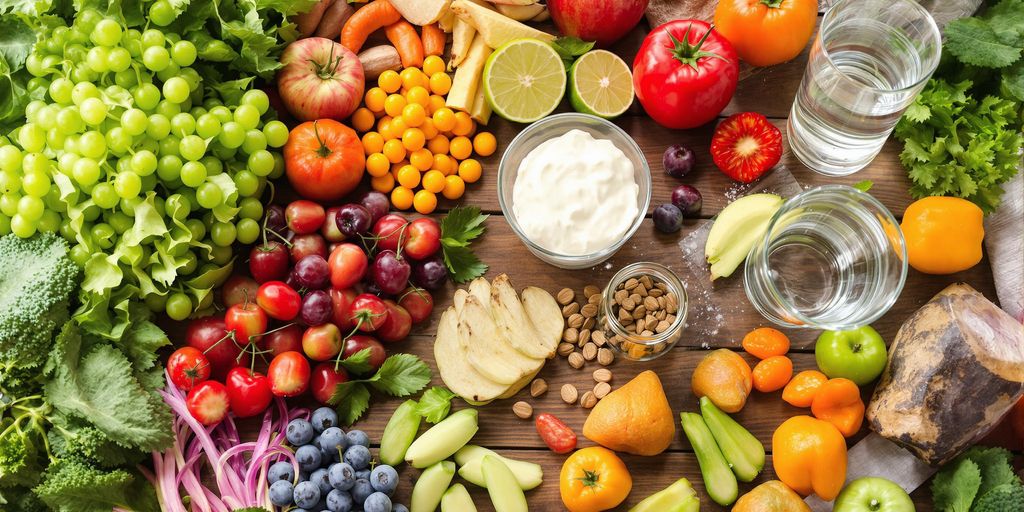 Healthy foods promoting digestion and wellness on a table.