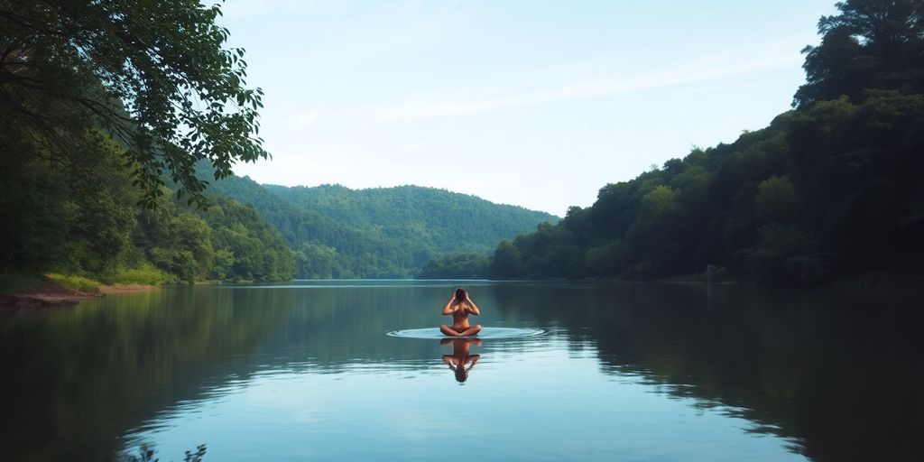 Person practicing yoga by a tranquil lake.