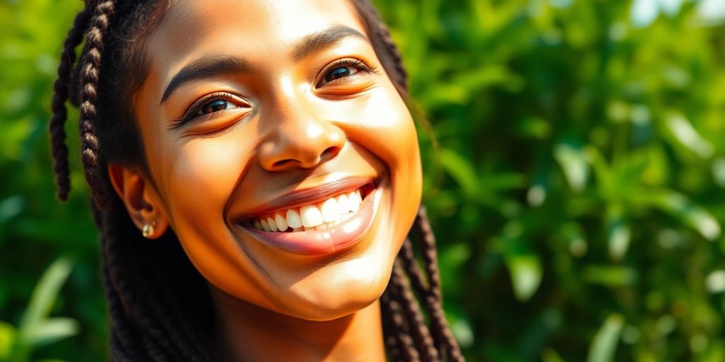 Confident person smiling outdoors in natural sunlight.