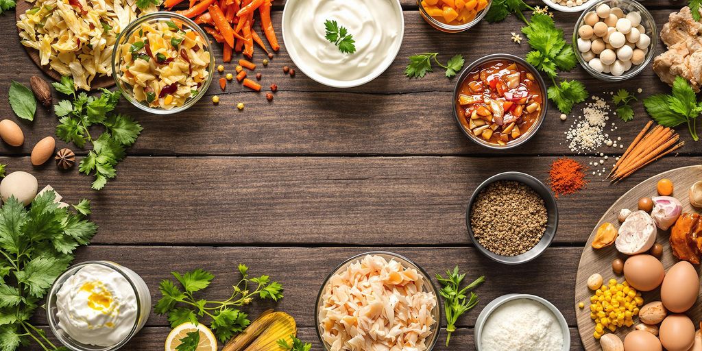 Colorful probiotic-rich foods on a rustic wooden table.