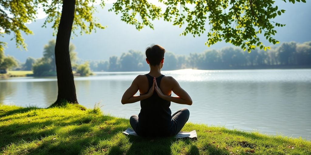 Person practicing yoga by a calm lake in nature.