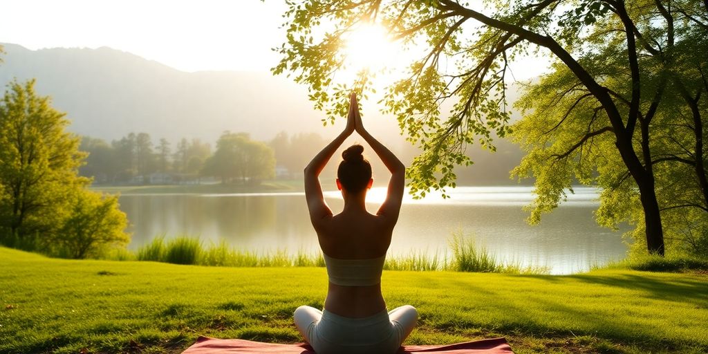 Person meditating in a peaceful, natural environment.