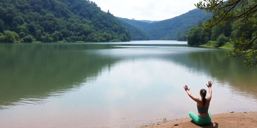 Person practicing yoga by a tranquil lakeside setting.