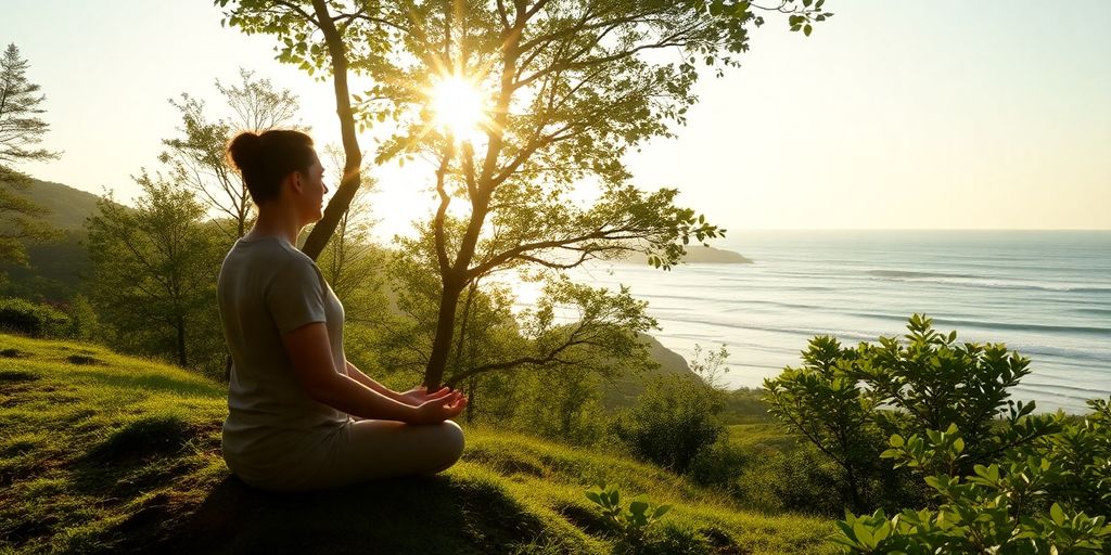 Person meditating in a serene natural landscape.