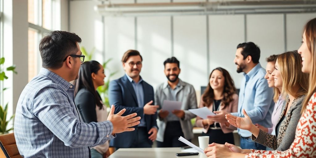 A leader guiding a diverse team in a collaborative setting.