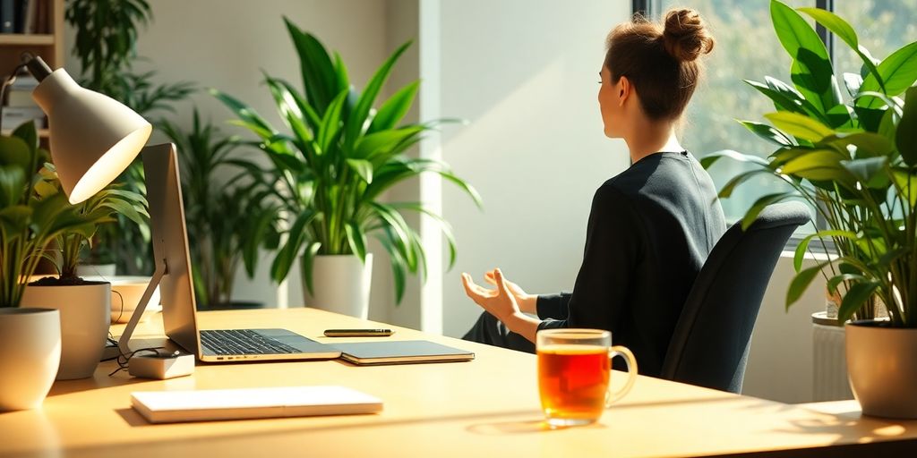 Person meditating at a desk with plants and tea.