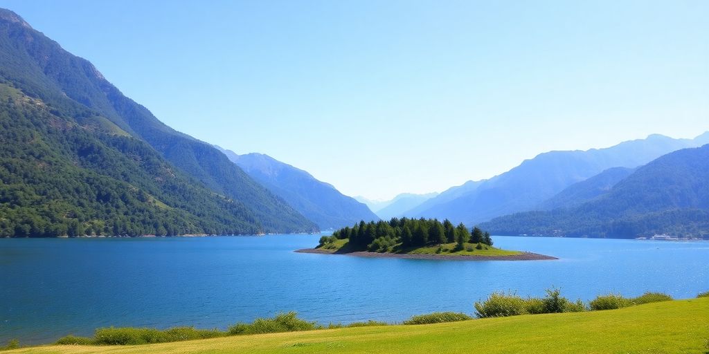 Calm lake in nature with green trees and mountains.