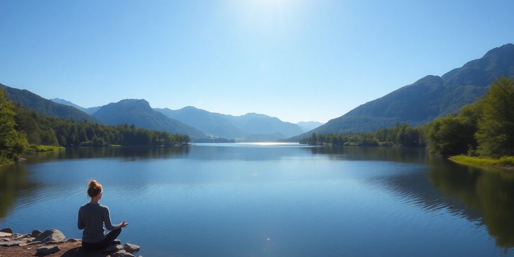 A peaceful landscape with a lake and mountains.